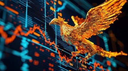 Wall Mural - Golden Phoenix Rising from Economic Turmoil: A golden phoenix rising from the ashes of economic collapse, with charts and stock market symbols in the background