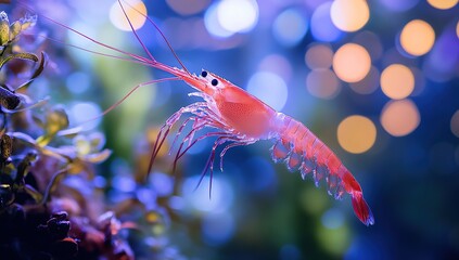 A red shrimp with long, thin legs and pink body is floating in the air on top of an underwater plant