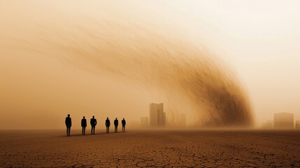 Investment Stuck in Sandstorm: A group of abstract figures representing businesspeople standing still in a vast desert, trapped in a swirling sandstorm