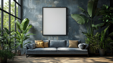 Poster - A living room with a blue couch and large plants in front of a window.