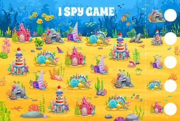 Poster - I spy game worksheet, underwater cartoon houses. Vector riddle for kids with mermaid homes. Count how many fantasy building on the sea bottom. Children test, education task for baby mind development