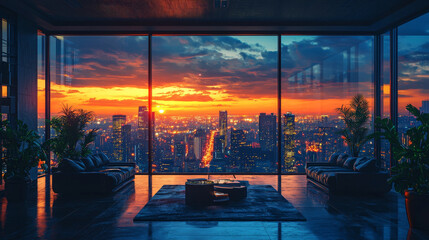 Canvas Print - A modern living room with floor-to-ceiling windows offering a breathtaking sunset view over the city.