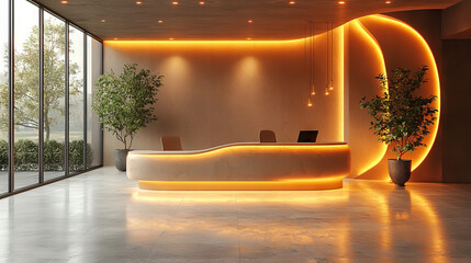 Canvas Print - Modern reception desk with warm lighting and plants.