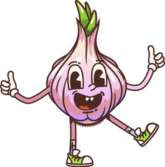 Leinwandbilder - Cartoon groovy garlic vegetable character with cheerful expression and big eyes, embodies a playful and energetic retro vibes. Isolated vector garden plant personage giving thumbs up with happy smile