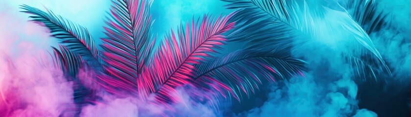 Canvas Print - Tropical Palm Leaves Illuminated with Neon Blue and Pink Lights