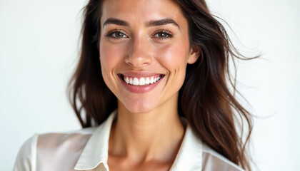 Wall Mural - Close-up of a stunning woman in a white blouse, with dark hair, radiant skin, and a confident smile.







