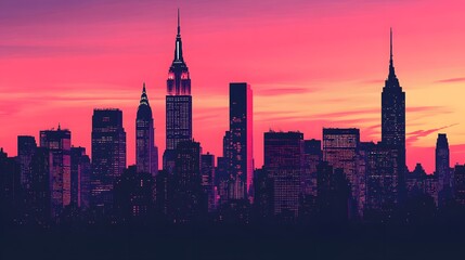 Wall Mural - Pink Sunset Over Silhouetted City Skyline