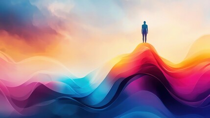 Wall Mural - Mountain of Positive Thought: A person standing on top of a tall, colorful mountain of light, looking out into a sky filled with bright, hopeful imagery