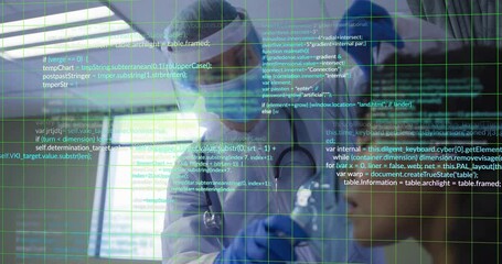 Poster - Animation of data processing and shapes over caucasian female surgeon with patient in operating room
