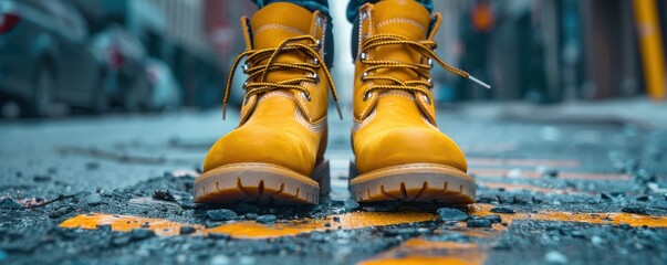 Wall Mural - Old yellow heavy-duty work boots on a city street, symbolizing resilience and hard work.