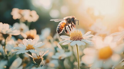 Bees transporting pollen from flower to flower, showcasing a natural transport service in a blooming garden