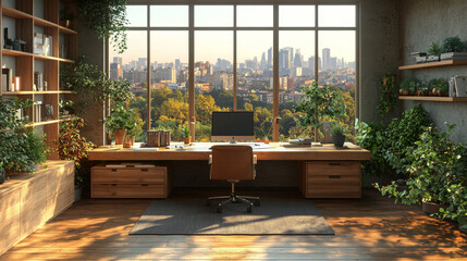 Canvas Print - Modern home office with a view of the city.