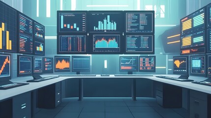 Poster - Modern Control Room with Multiple Monitors Displaying Data and Graphs