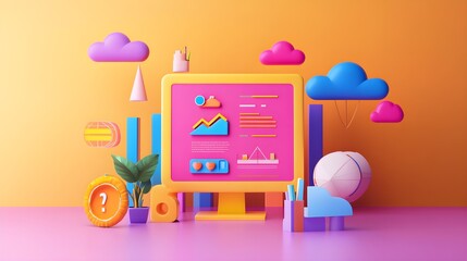 Poster - Colorful 3D Illustration with Charts  Clouds  and a Computer Monitor