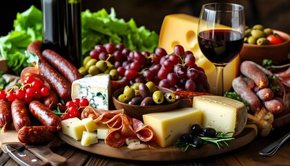 Wall Mural - Gourmet charcuterie spread featuring sausage, salami, cheese, berries, and olives accompanied by fine wine on a rustic Italian table