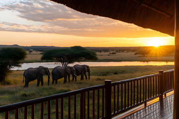 Safari Lodge at Sunset with Elephant View, African Wildlife and Scenic Adventure