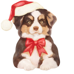 Wall Mural - Charming Puppy Wearing Santa Hat with Red Bow, Festive Holiday Illustration in Watercolor.