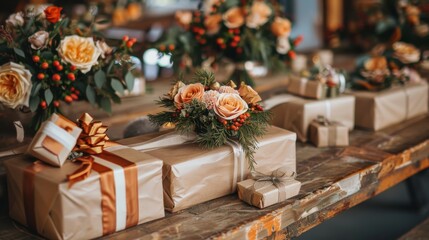 A table with a variety of gifts and flowers