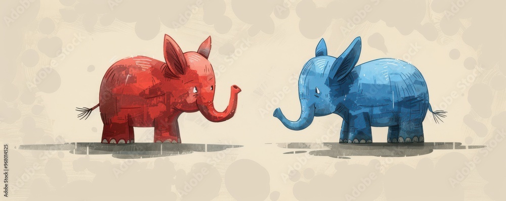 Cartoon-style illustration of a red elephant and blue donkey facing ...
