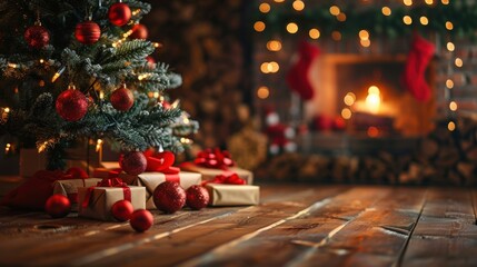 A Christmas tree with red ornaments sits in front of a fireplace