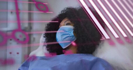 Poster - Animation of data processing and diagrams over biracial female patient in hospital bed