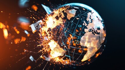 Poster - Shattered Globe of Finance: A glowing globe with cracks spreading across its surface, and shards of the globe breaking off