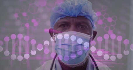 Poster - Animation of data processing and dna strand over biracial male doctor wearing face mask
