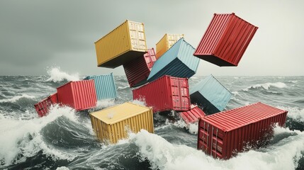 Sinking Cargo Containers in a Stormy Sea: Containers floating in rough seas, partially submerged, with waves crashing against them