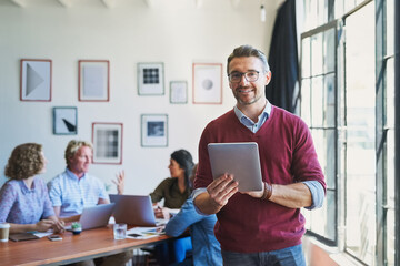 Poster - Tablet, professional and portrait of business man in office for social media, design organization or consultant. Content engagement, publishing and broadcast production with person in creative agency