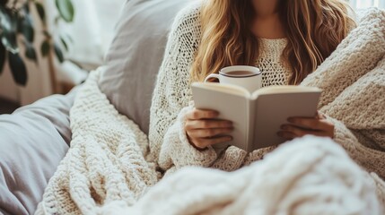 Wall Mural - Cozy afternoon reading by the window with a warm blanket and a cup of tea during a quiet winter day