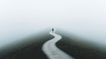 start before knowing it all: a person stepping onto a winding path that disappears into a foggy unkn