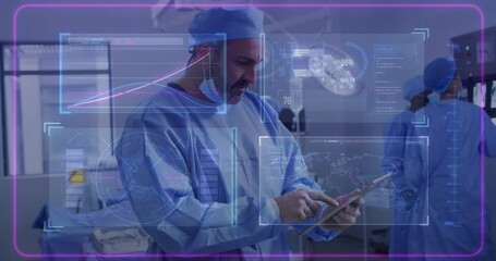 Wall Mural - Animation of data processing and world map over diverse surgeons wearing face masks and using tablet