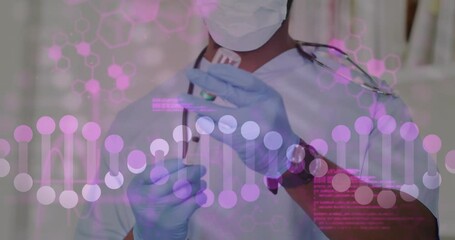 Poster - Animation of data processing and dna strand over biracial male doctor holding vaccine