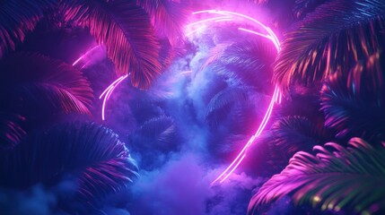 Wall Mural - Neon Pink Light Through Palm Leaves and Smoke