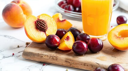 Wall Mural - Fresh yellow peaches and cherry plums on a wooden kitchen board with peach juice on white background