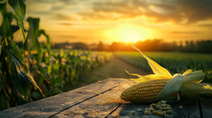 A fresh ear of corn sits on a wooden table, with a green field and a sunset in the background. This image represents the idea of farming and agriculture.