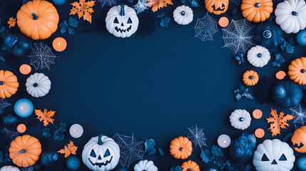 Overhead autumn and halloween photograph with carved pumpkins.