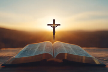 Wall Mural - Sunlight Illuminating Open Bible with Jesus Cross in the Background, Spiritual Reflection and Faith