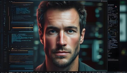 Futuristic digital representation of a mans face in a vibrant computer-generated image