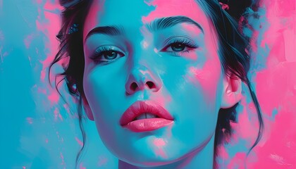 Canvas Print - Futuristic artistic portrait of a womans face in a vibrant blue and pink color scheme