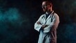 © Felippe Lopes - A serious looking doctor in a white coat stands with his arms crossed against a smoky background.