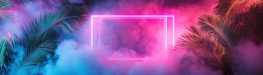 Canvas Print - Neon Square Frame with Palm Leaves and Smoke in Pink and Blue Lighting