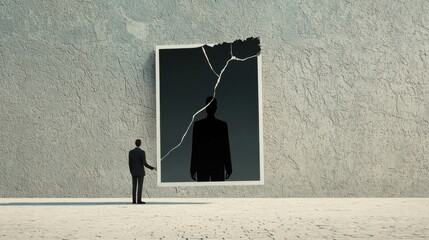 The Mirror of Lies: A person looking into a mirror that reflects an idealized, successful version of themselves, but behind the mirror is a shadowy figure pulling the strings