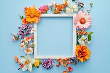 Wall Mural - A square frame surrounded colorful flowers on a blue background, with empty space for text or images