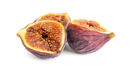 Close-up of three ripe figs, one cut in half, showing their juicy interior.