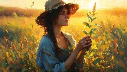 Serene woman holding a plant in a sunlit field, enveloped by natures beauty and tranquility