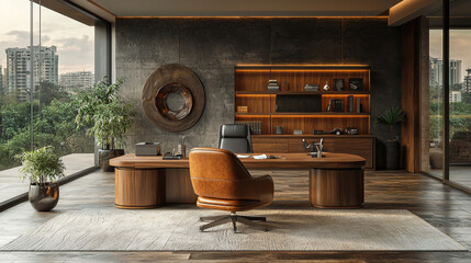 Sticker - Modern office with a large desk, leather chair, and a view of a city.