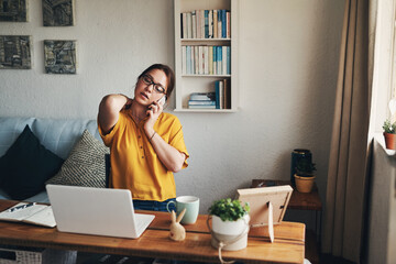 Aufkleber - Woman, laptop and phone call with neck pain for project, blog or article in home office. Journalist, strain and stress for remote work, planning or research for copywriting freelance career in house