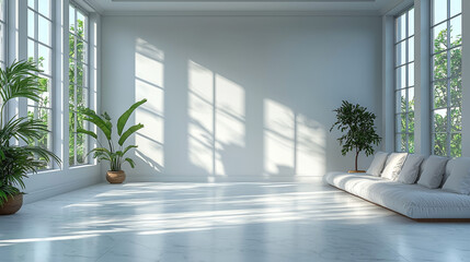 Wall Mural - Minimalist living room with white couch and large windows.