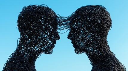two abstract human figures facing away from each other, their torsos connected by tangled wires or c